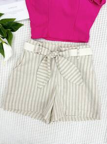 Women's Set Of Ruffled Cropped + Linen Shorts With Belt - 杏色 - 查看 3