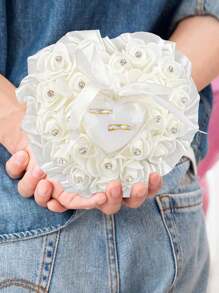 1 件白色结婚戒指枕头（不包括戒指）心形结婚戒指盒枕头垫配丝带珍珠蕾丝水晶玫瑰婚礼仪式戒指架