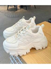 Tenis Chunky De Plataforma Para Mujer, Sneakers Urbanos Versátiles Con Agujetas, Calzado Deportivo Cómodo Y Transpirable Con Aumento De Altura - Blanco - Ver 2