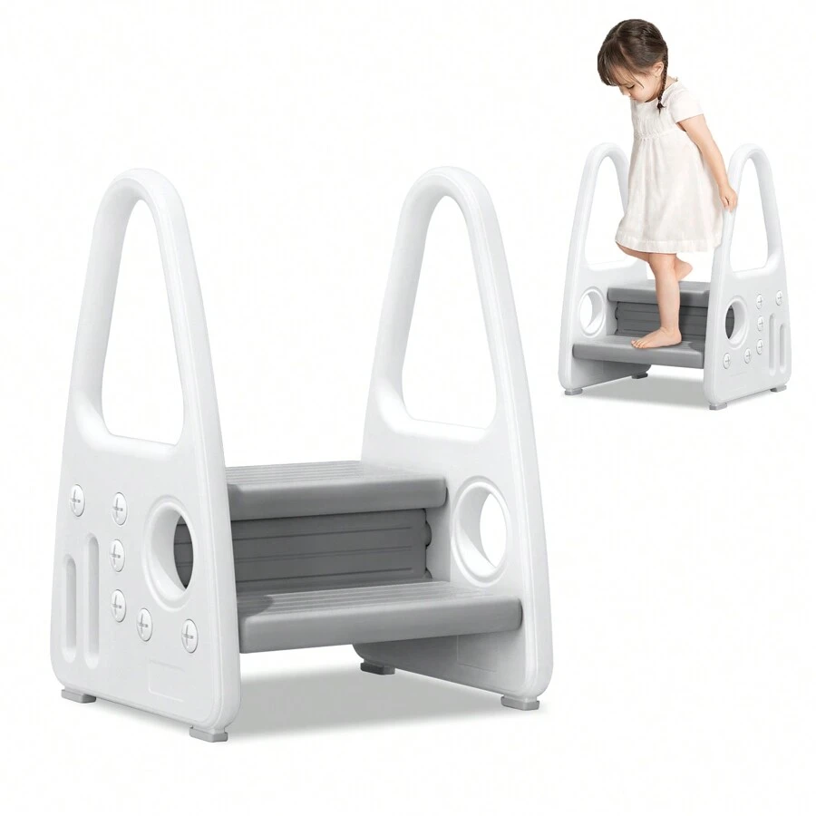 VA-Cerulean Step Stool For Toddlers Step Stool With 2 Steps Plastic Standing Children's Stool Step Ladder For Bathroom Children's Room Kitchen Bedroom, Grey / Pink / Green - 灰色 - 查看 1