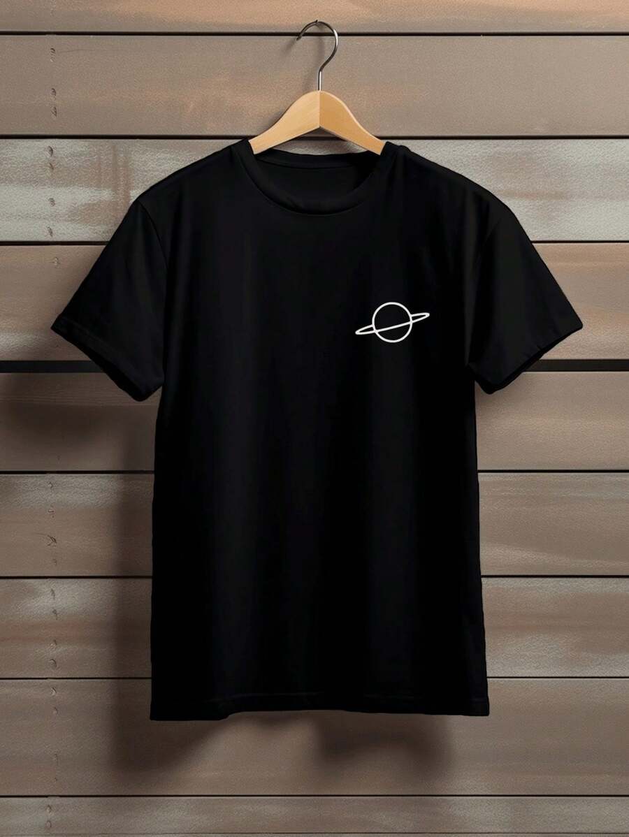 Unisex Men's Basic T-Shirt 100% Cotton Planet Saturn Print - 黑色 - 查看 1