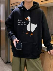 Peace Was Never An Option Goose Print Sweatshirt Cute Casual Pullover Creative Pocket Warm Men's Fashion Hoodie - Black - View 2