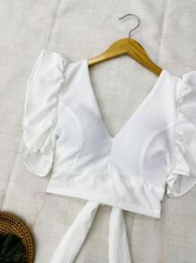 Cropped Blouse With Bulge And Tied Back Women's Fashion - 白色 - 查看 2