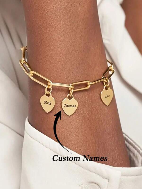 Aangepaste Hart Hanger Armband Roestvrijstalen Sieraden Aangepaste Meerdere Namen Bedels Armbanden Mode Gepersonaliseerde Gouden Kleur Paperclip Ketting Armband Verjaardagscadeau Voor Haar Moeder Vriendin Voor Jubilea, Voor Verjaardagen, Voor Dagelijks Gebruik, Voor Prom, Voor Moederdag, Voor Valentijnsdag, Voor Afstuderen, Voor Bruiloften