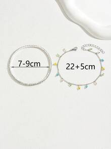 2pcs Fashion Elegant Romantic Ladylike Style Silver Rhinestone Plastic Elastic Anklet With Colorful Plastic Rhinestone Tassel Pendant, Adjustable Length Anklet Set For Women, Suitable For Beach, Holiday, Shopping - 彩色 - 查看 5