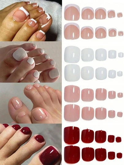 96 piezas/1 set - Uñas postizas para los dedos de los pies de color rojo, blanco, desnudo y borde blanco francés - Uñas postizas cuadradas de unicolor, cortas y brillantes para los dedos de los pies - Juego de 4 limas de uñas y 4 pegatinas de pegamento para uñas - Juego de arte de uñas blanqueador con uñas postizas desmontables para festival, fiesta, cita y uso diario - Suministros de uñas para niñas, madres y mujeres