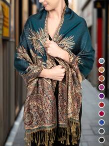 FADZOYLE 1 件女士海滩配饰奢华双层提花大佩斯利羊绒披肩围巾海滩罩衫纱笼羊绒手感狂野柔软丝滑双面围巾流苏日常生活晚礼服旅游办公室婚礼和礼品配饰女士