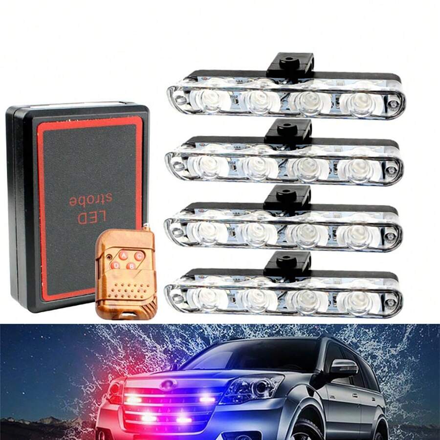 4 In 1 4LED Red Blue Emergency Strobe Lights Police Lights 12V With Wireless Remote Control Flash Grille Light For Cars Truck Van SUV - Red + Blue - View 1