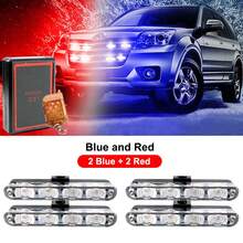 4 In 1 4LED Red Blue Emergency Strobe Lights Police Lights 12V With Wireless Remote Control Flash Grille Light For Cars Truck Van SUV - Red + Blue - View 2