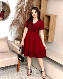 Vestido Gode Moda Evangelica Feminino Plus Size Estampado Inverno Festividade Culto Jovem Promoção Atacado - Vermelho - Visão 1