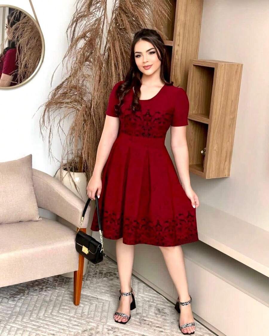 Vestido Gode Moda Evangelica Feminino Plus Size Estampado Inverno Festividade Culto Jovem Promoção Atacado - Vermelho - Visão 1