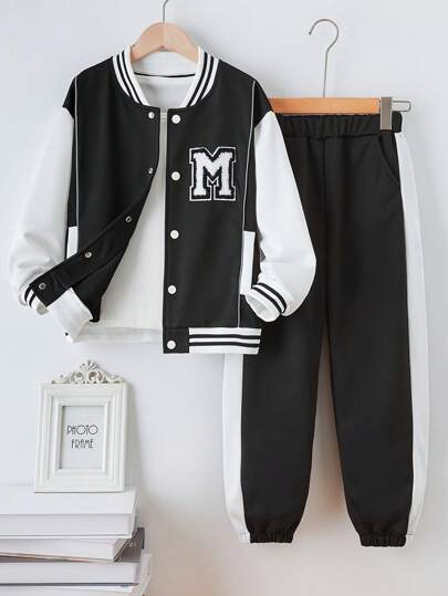 Nuova tuta sportiva alla moda per ragazzi, giacca da baseball nera e bianca con bordi a costine, strisce riflettenti e chiusura con fibbia, adatta per primavera, autunno e inverno