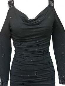 女士优雅 V 领露肩连衣裙 - 黑色 - 查看 3