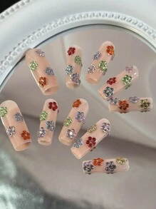 10 chiếc móng tay giả dài thủ công với hoa đính đá đầy màu sắc, phong cách Pháp tối giản thanh lịch - Nhiều màu - Xem 3