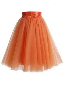 1pc Women Solid Color Long Midi-Length 65cm Knee-Length A-Line Layered Tulle Skirt, Versatile For Party, Dance, Everyday Fall Clothes For Women