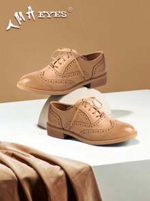 Women's Carved Leather Lace-Up Thick Heeled Single Shoes Brogue Women's Shoes - Màu be - Xem 4