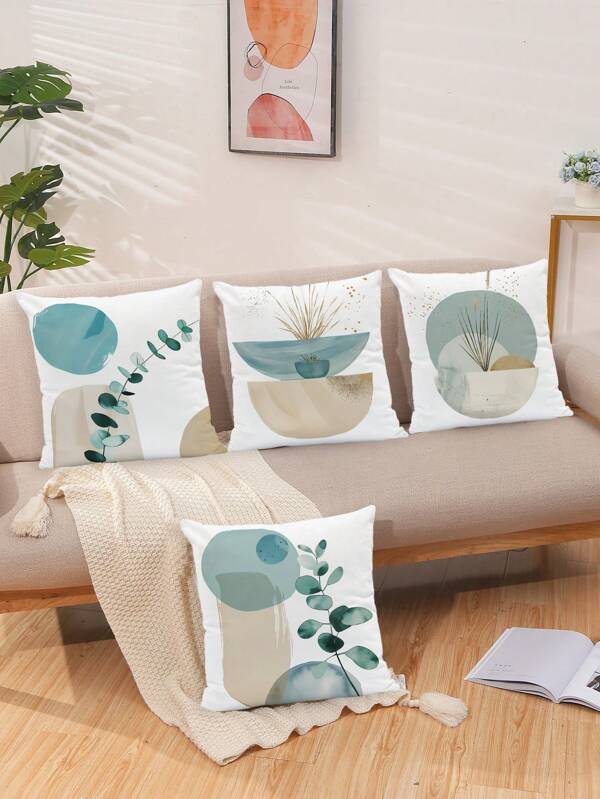 4pcs Set Botanical Print Soft Throw Pillow Covers, Bohemian Style Abstract Plant Eucalyptus Leaf Geometry Pattern Cushion Covers, For Bedroom, Living Room, Dorm, Car, Seasonal Use (Pillow Inserts Not Included)