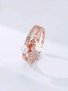 1pc Delicate And Classy Pave Zirconia Star & Faux Pearl Charm Ring For Girls Party Banquet Glamorous Jewelry For Daily Wear