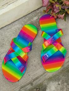 Women Vibrant Rainbow Slippers - Ultra Lightweight, Comfortable, Flat Slip-On Beach Sandals With Soft Insoles And Adjustable Straps For Casual Beach & Outdoor Wear - Multicolor - View 5