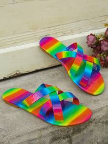 Women Vibrant Rainbow Slippers - Ultra Lightweight, Comfortable, Flat Slip-On Beach Sandals With Soft Insoles And Adjustable Straps For Casual Beach & Outdoor Wear - Multicolor - View 6