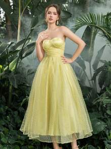 Solid Strapless Swiss Dot Tulle Prom Homecoming  Dress Perfect For Back To School, Gathering, Dance & Cocktail Events - Yellow - View 9