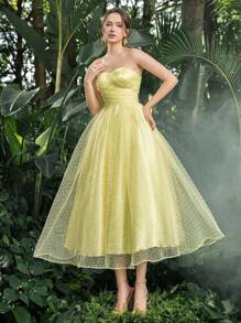 Solid Strapless Swiss Dot Tulle Prom Homecoming  Dress Perfect For Back To School, Gathering, Dance & Cocktail Events - Yellow - View 5