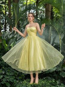Solid Strapless Swiss Dot Tulle Prom Homecoming  Dress Perfect For Back To School, Gathering, Dance & Cocktail Events - Yellow - View 2