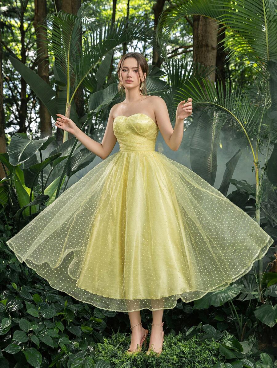 Solid Strapless Swiss Dot Tulle Prom Homecoming  Dress Perfect For Back To School, Gathering, Dance & Cocktail Events