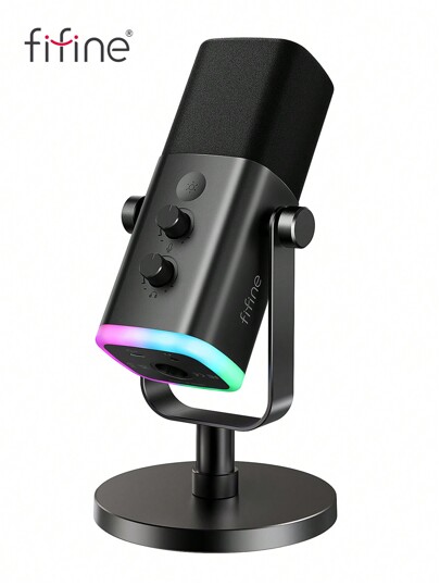 FIFINE Micrófono USB/XLR para juegos, podcasts, dinámico con RGB controlable, botón de silencio táctil, conector para auriculares, base de escritorio, micrófono vocal para canto, juegos, transmisión, podcasting - FIFINE AM8