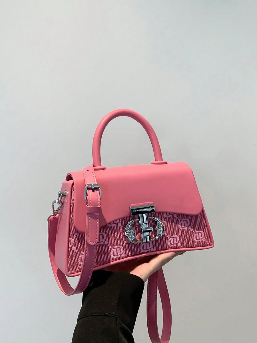 1pc Vintage Style Letter Printed Box Shape Handbag, Flap Closure Crossbody Bag For Women, Detachable Strap