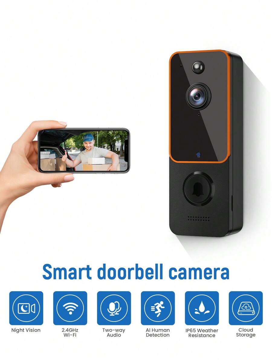 Doorbell Camera Wireless Smart Video Doorbell Wireless With Chime, AI Smart Human Detection, 2-Way Audio, HD Live Image, Night Vision, Cloud Storage, 2.4G WiFi, 100% Wire-Free, Battery Powered - Orange - View 1