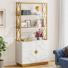 Tribesigns Tall Etagere Bookcase, White And Gold Bookshelf With Three Shelves & Two Cabinets, Modern Open Display With Metal Frame - Bạch kim - Xem 1