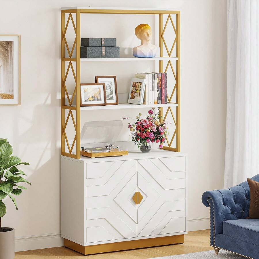 Tribesigns Tall Etagere Bookcase, White And Gold Bookshelf With Three Shelves & Two Cabinets, Modern Open Display With Metal Frame - Bạch kim - Xem 1