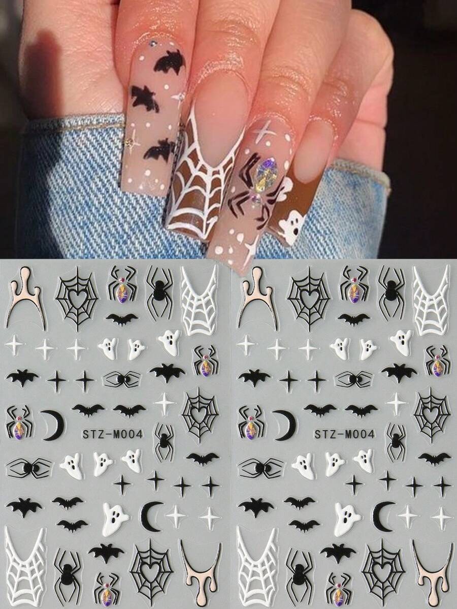 2 件黑暗万圣节蝙蝠幽灵黑白蜘蛛与心形蜘蛛网 3D 浮雕美甲贴纸星月 Y2K 闪亮滑块设计卡通可爱指甲贴花节日 DIY 美甲用品饰品装饰品 - 彩色 - 查看 1