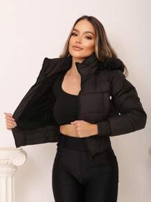 WOMEN'S PUFFER JACKET WITH REMOVABLE PLUSH HOOD - Black - View 2