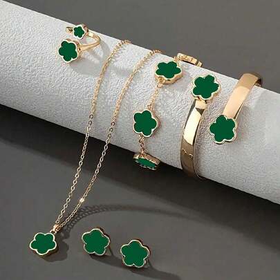 Bộ 6 chiếc/Bộ vòng tay, vòng cổ, hoa tai, vòng tay và nhẫn thiết kế hình cỏ ba lá may mắn