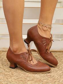 Brown All-Season Formal High Heel Shoes, Women's Leather Solid Color Hollow Decor Lace-Up Pumps - Brown - View 6
