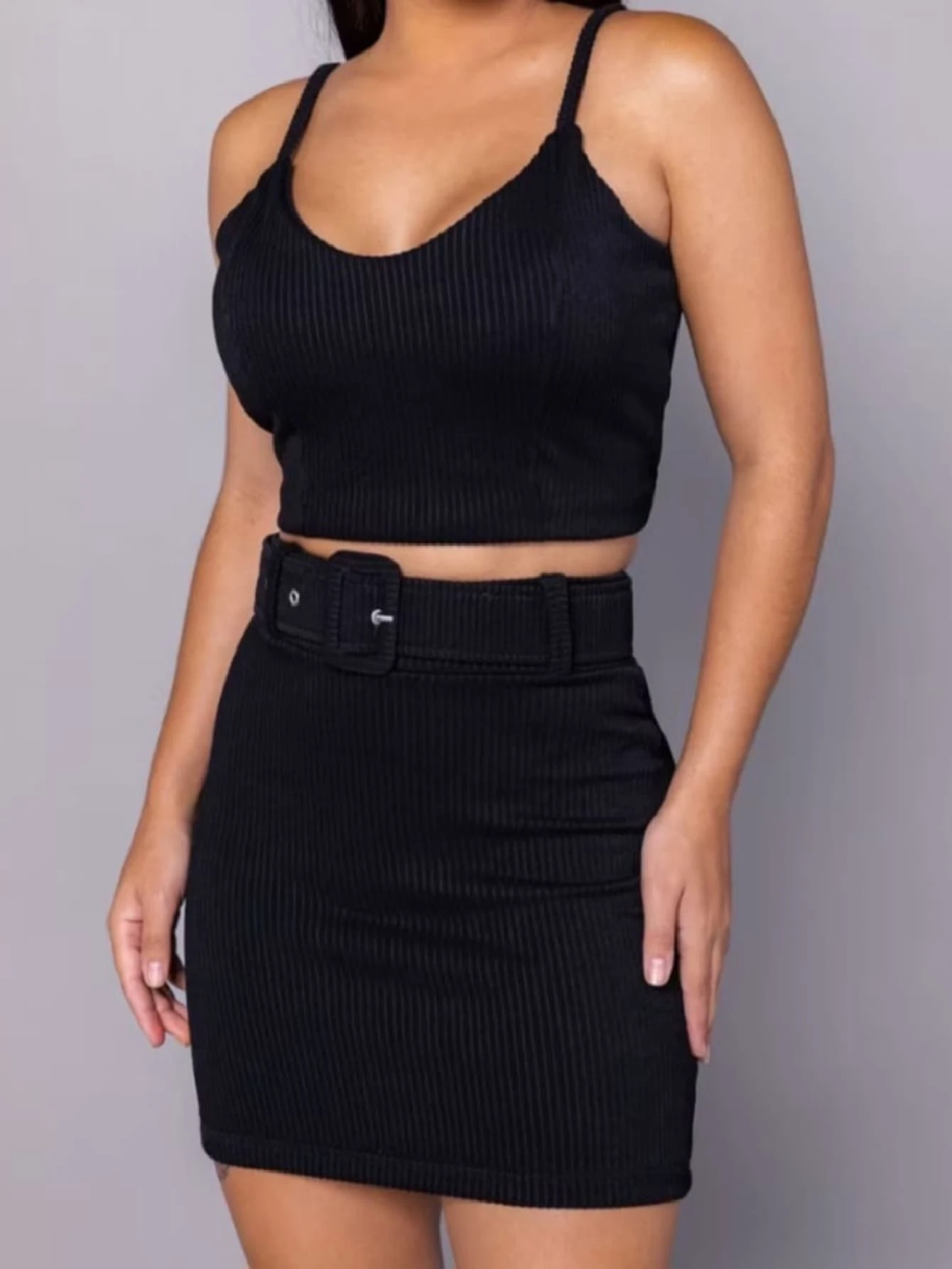 3D RIBBED SKIRT WITH BELT - màu đen - Xem 1