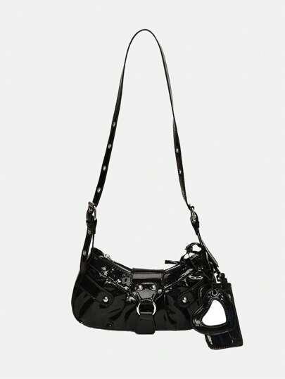 ROMWE Goth In The Summer Of 2025, The New Drawstring Women's Bag Fashion Bucket Bag Rivet Motorcycle Bag Three-Piece Wide Strap Crossbody Bag