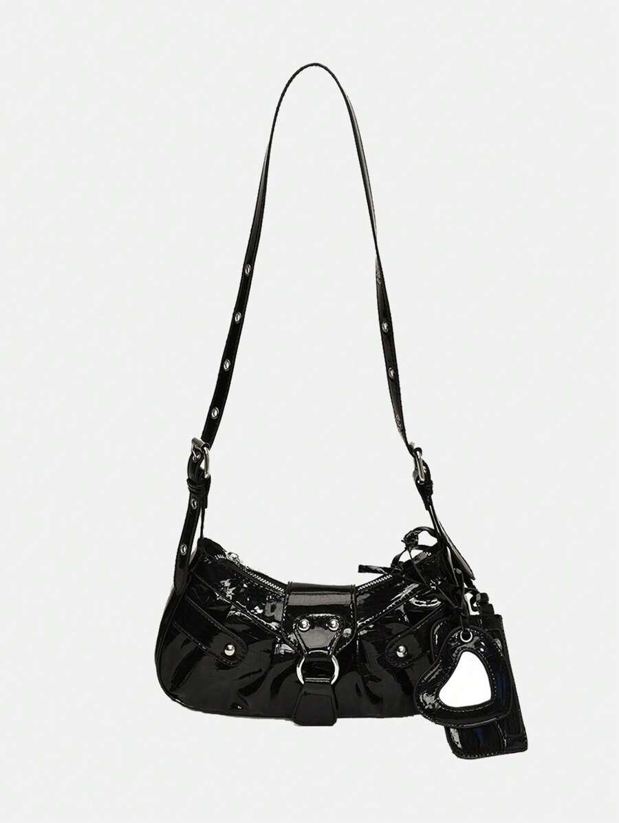 ROMWE Goth In The Summer Of 2025, The New Drawstring Women's Bag Fashion Bucket Bag Rivet Motorcycle Bag Three-Piece Wide Strap Crossbody Bag