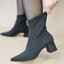 Kinit Women's Low Block Heel Medium Elastic Sock Boot - Black - View 1