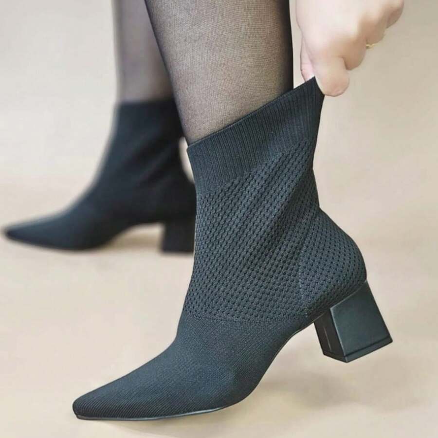 Kinit Women's Low Block Heel Medium Elastic Sock Boot - Black - View 1