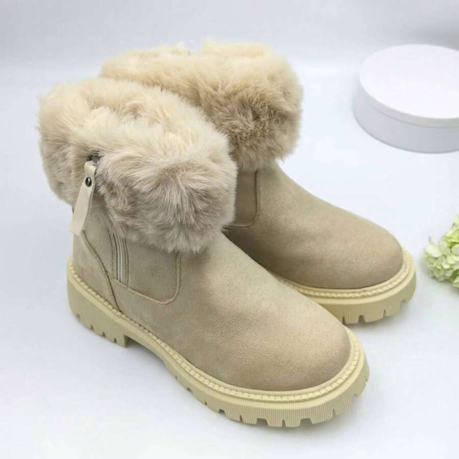 2024 年冬季新款女士雪地靴，保暖毛绒内衬踝靴 - 杏色 - 查看 1