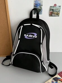 1pc Black Nylon Casual Schoolbag, Large Capacity Foldable Drawstring Zipper Backpack, Suitable For Teenagers, Middle School, High School And College Students, Graduates, Daily Classes, Training, Women, Commuting, Shopping, Travel And Vacation, Back To School And Graduation Gifts