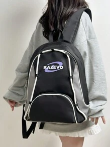 1pc Black Nylon Casual Schoolbag, Large Capacity Foldable Drawstring Zipper Backpack, Suitable For Teenagers, Middle School, High School And College Students, Graduates, Daily Classes, Training, Women, Commuting, Shopping, Travel And Vacation, Back To School And Graduation Gifts