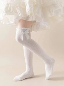 1 双儿童长袜，女童公主袜，轻薄透气菱形蕾丝蝴蝶结过膝袜，春夏 - 白色 - 查看 1