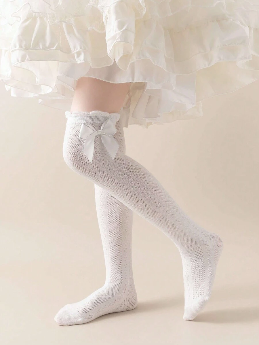 1 双儿童长袜，女童公主袜，轻薄透气菱形蕾丝蝴蝶结过膝袜，春夏 - 白色 - 查看 1