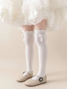 1 双儿童长袜，女童公主袜，轻薄透气菱形蕾丝蝴蝶结过膝袜，春夏 - 白色 - 查看 8