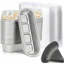 10/50 件迷你面包烤盘，带盖和勺子（6.8 盎司/200 毫升）迷你蛋糕盘，一次性矩形铝箔烤盘罐头容器 - 纸杯蛋糕容器包装纸芝士蛋糕焦糖布丁小模子