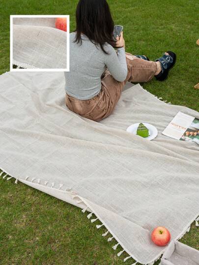 MeijiaMo 1pc Beige Linen Rectangular Mat, Portable Outdoor Picnic Blanket, Foldable Camping Rug Suitable For Beach, Camping, Hiking, Travel, Family Concerts